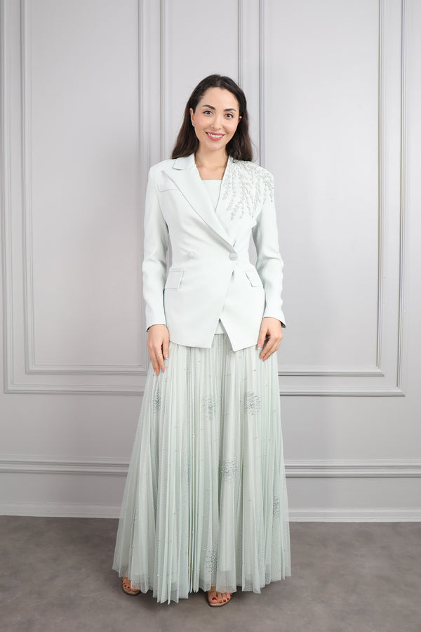 Kalın Askılı Eteği Dantelli Ceketi Boncuk İşlemeli Düğmeli Elbise Takım Mint