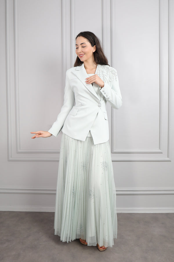 Kalın Askılı Eteği Dantelli Ceketi Boncuk İşlemeli Düğmeli Elbise Takım Mint