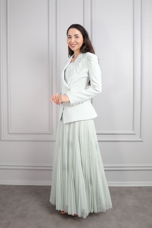 Kalın Askılı Eteği Dantelli Ceketi Boncuk İşlemeli Düğmeli Elbise Takım Mint