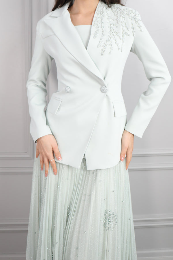 Kalın Askılı Eteği Dantelli Ceketi Boncuk İşlemeli Düğmeli Elbise Takım Mint