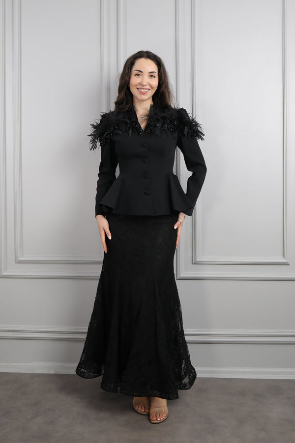 Omuzu Dantelli Tüy Detaylı Etek Takım Siyah