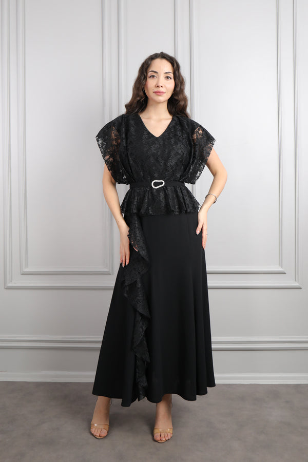 Yarasa Kol Beli Kemerli Dantel Detaylı Büyük Beden Elbise Siyah