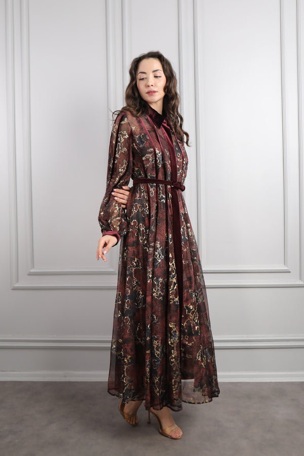 Beli Kemerli Kadife Detaylı Desenli Büyük Beden Şifon Elbise Gold