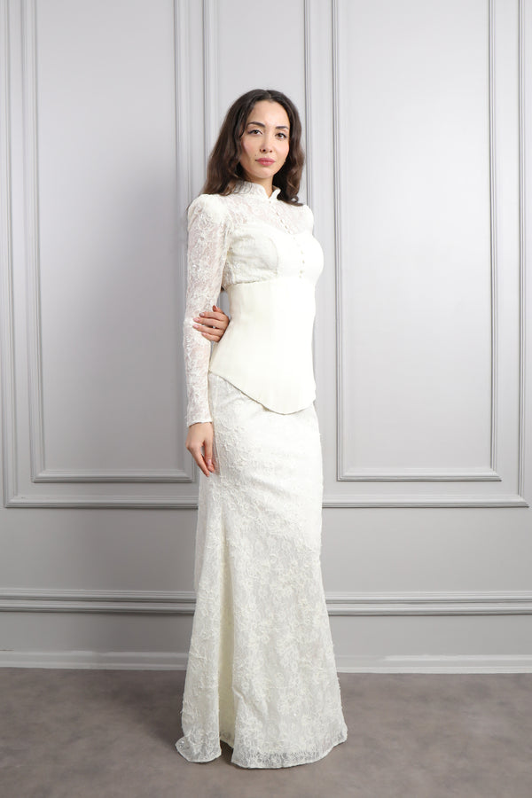 Hakim Yaka Önü Düğmeli Korse Detaylı Dantelli Abiye Kemik