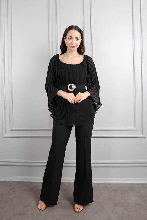 Geniş Yaka Beli Kemerli Pileli Büyük Beden Pantolon Takım Siyah