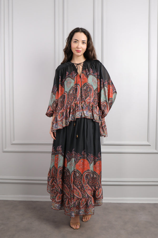 Yakası Bağlamalı Desenli Şifon Etek Takım Turuncu