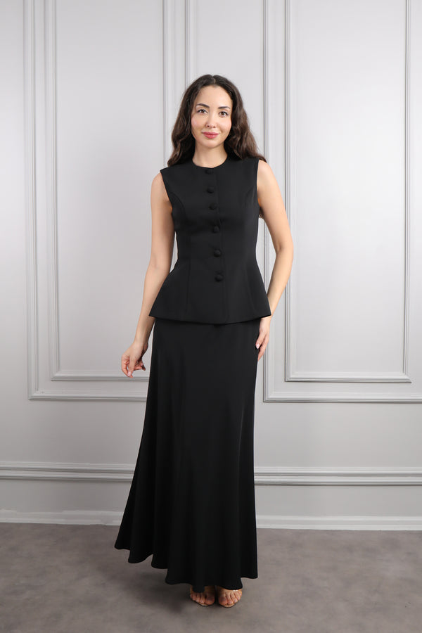 Ceketi Fiyonk Detaylı Üçlü Etek Takım Siyah