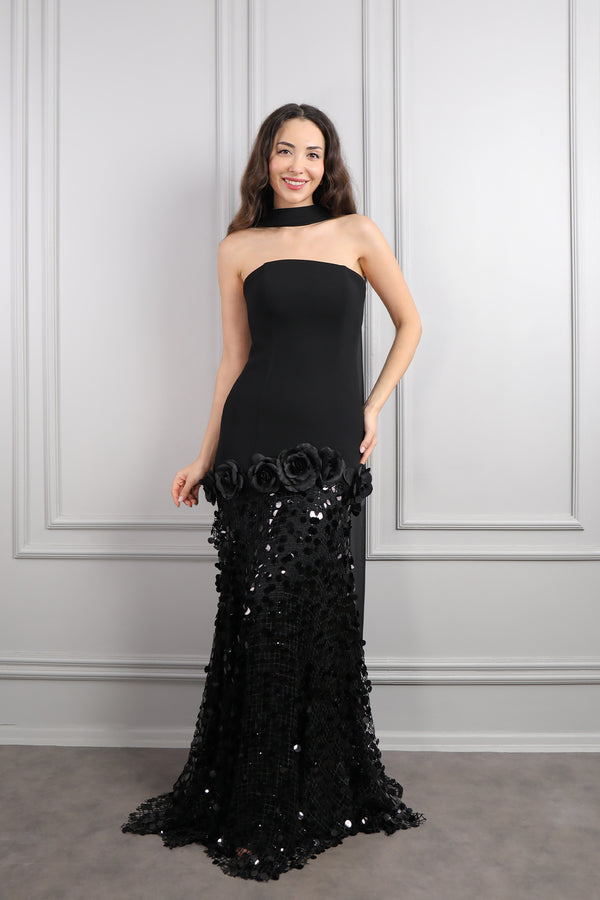 Straplez Fular Detaylı Eteği Payetli Abiye Siyah-Siyah