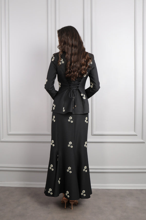 Boncuk İşlemeli Çanta Aksesuar Detaylı Etek Takım Siyah