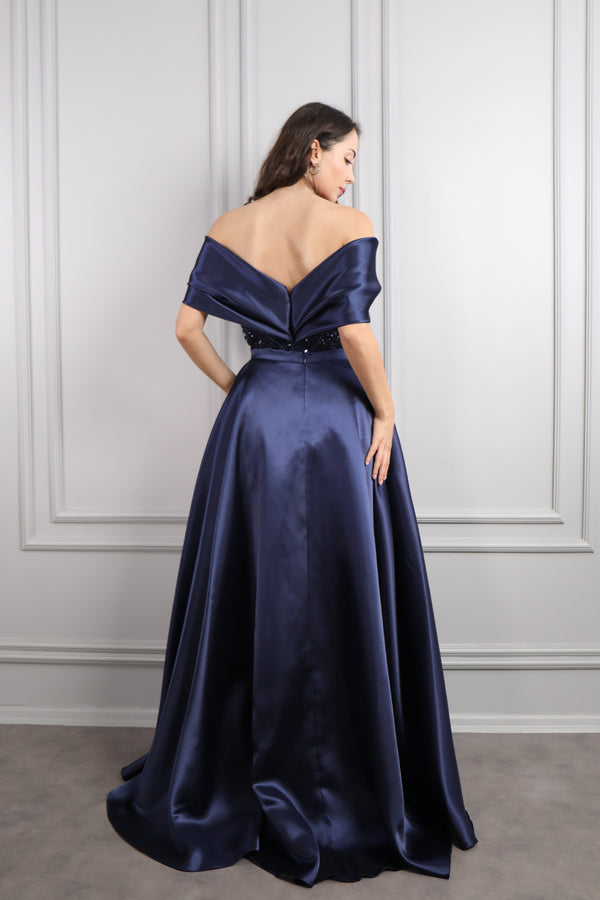 Kayık Yaka Boncuk İşlemeli Pelerin Detaylı Büyük Beden Abiye Lacivert