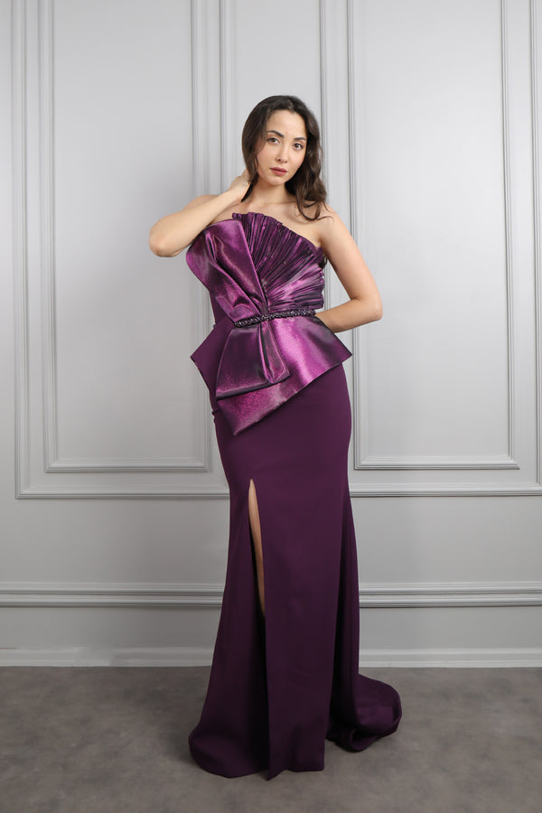 Straplez Önü Fiyonk Görünümlü Beli Boncuk İşlemeli Büyük Beden Abiye Mürdüm