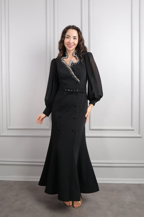 Asimetrik Yaka Beli Kemerli Taş Detaylı Elbise Siyah