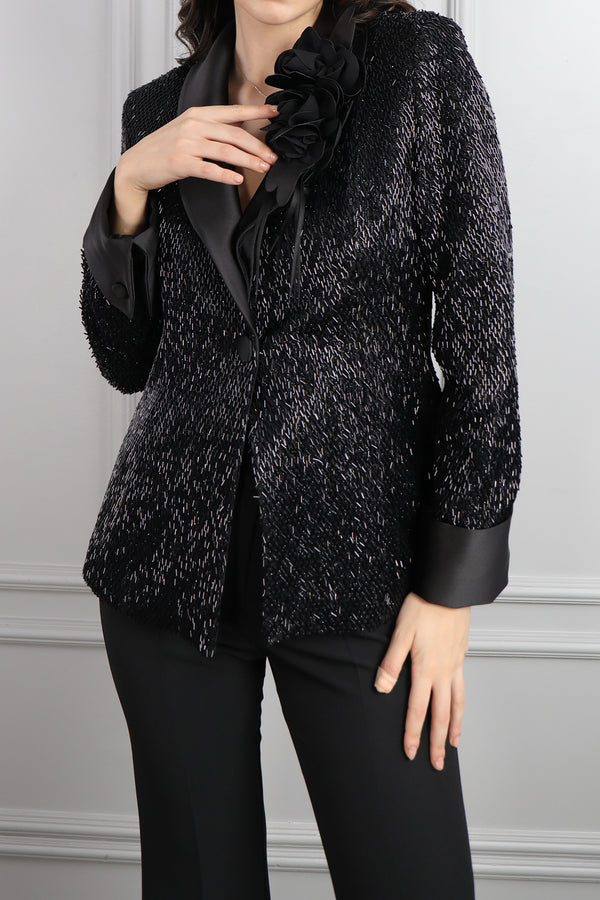 Ceketi Çiçek Detaylı Boncuk İşlemeli Pantolon Takım Siyah