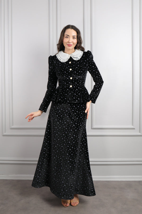 Bebe Yaka Önü Düğmeli Desenli Kadife Etek Takım Siyah-mavi