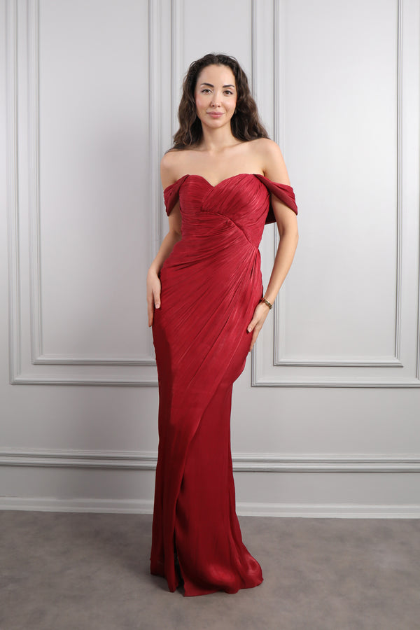 Kayık Yaka Drape Detaylı Şifon Abiye Bordo