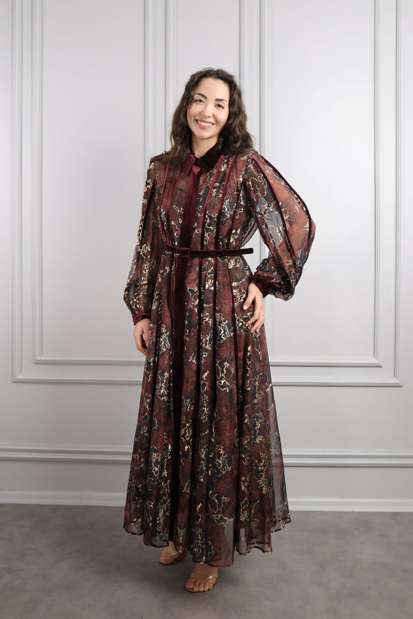 Beli Kemerli Kadife Detaylı Desenli Büyük Beden Şifon Elbise Gold