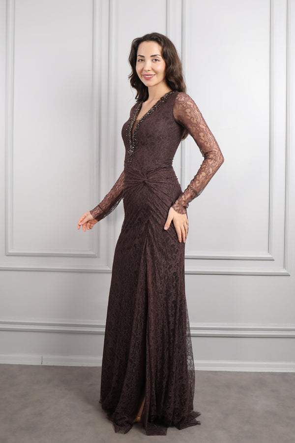 Yakası Boncuk İşlemeli Beli Drapeli Dantelli Abiye Kahverengi