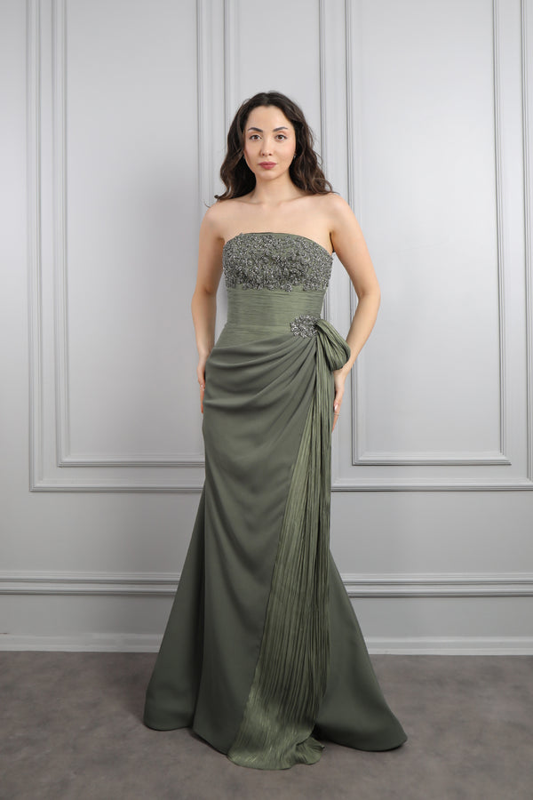 Straplez Boncuk İşlemeli Drapeli Büyük Beden Abiye Haki