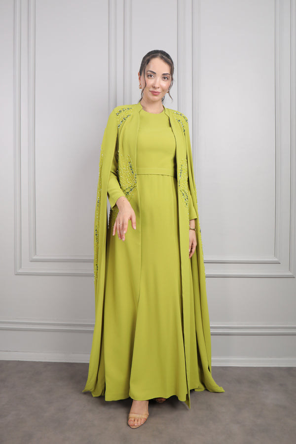 Boncuk İşlemeli Pelerin Detaylı İkili Abaya Takım F.Yeşil