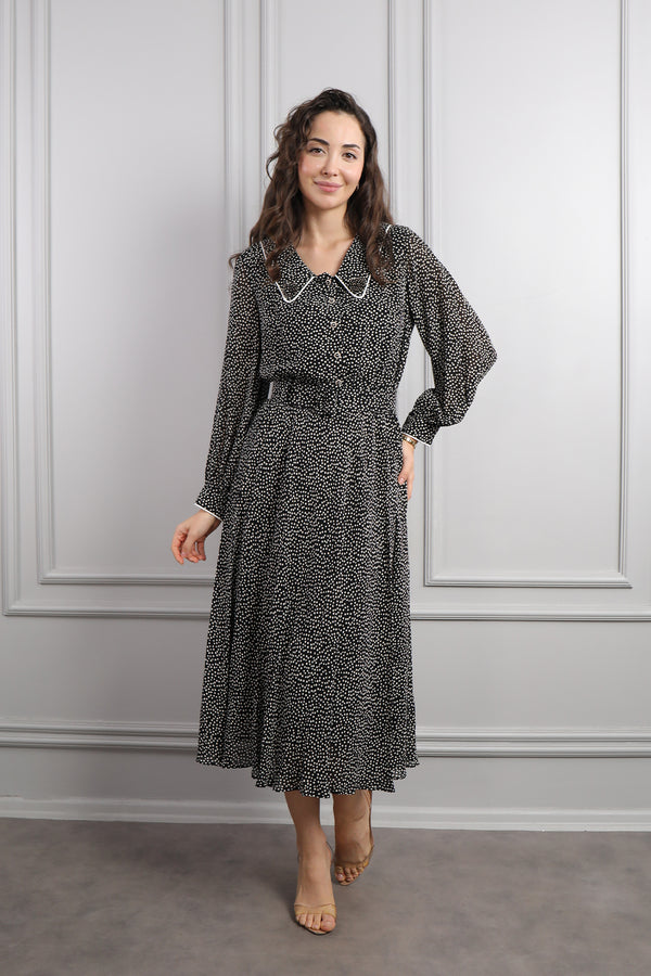 Bebe Yaka Beli Kemerli Desenli Büyük Beden Midi Boy Elbise Siyah