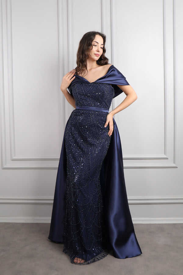 Kayık Yaka Boncuk İşlemeli Pelerin Detaylı Büyük Beden Abiye Lacivert