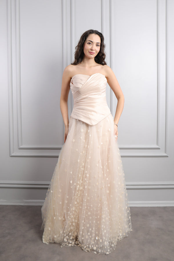 Straplez Drapeli Fular Detaylı Eteği Tüllü Abiye Somon