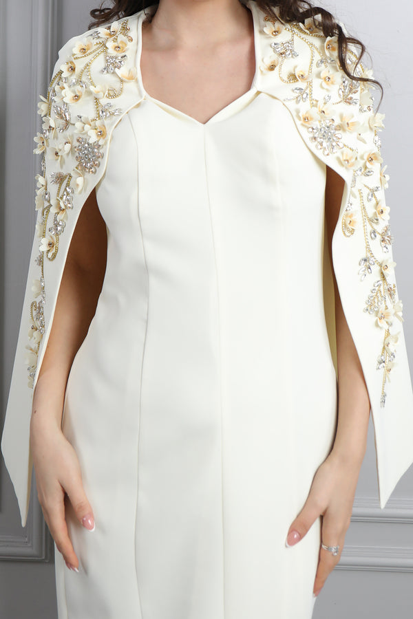 V Yaka Pelerini Taş Ve Çiçek Detaylı Büyük Beden Abiye Kemik