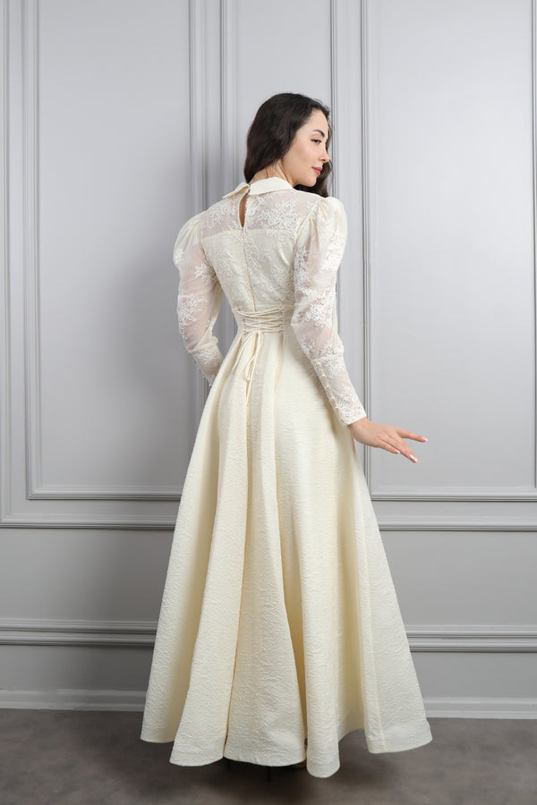 Gömlek Yaka Fırfır Detaylı Dantelli Elbise Ekru