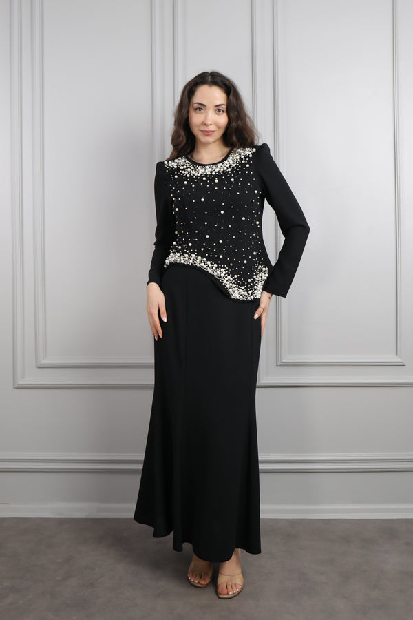 Oval Yaka İnci İşlemeli Büyük Beden Etek Takım Siyah