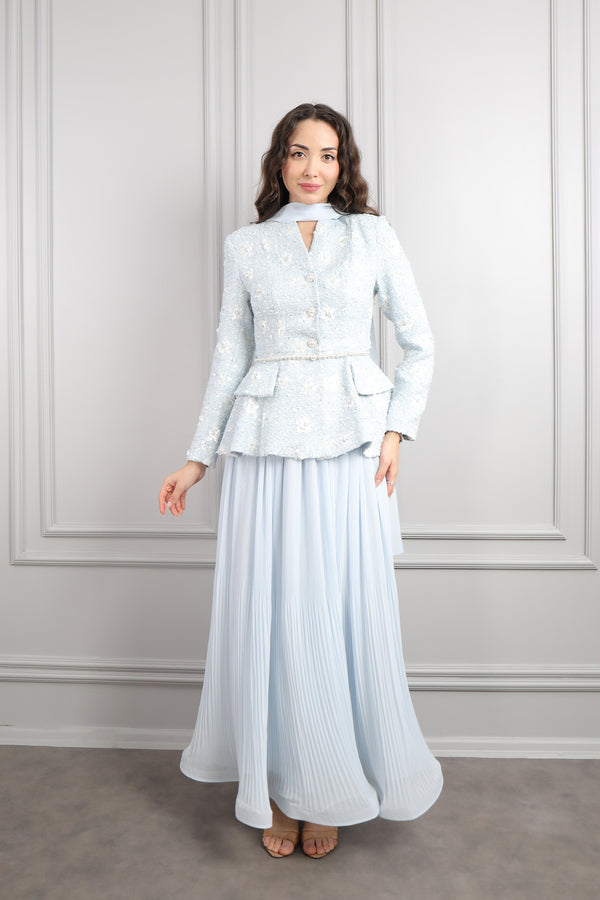 Önü Düğme Detaylı İnci Kemerli Tüvit Etek Takım Mavi