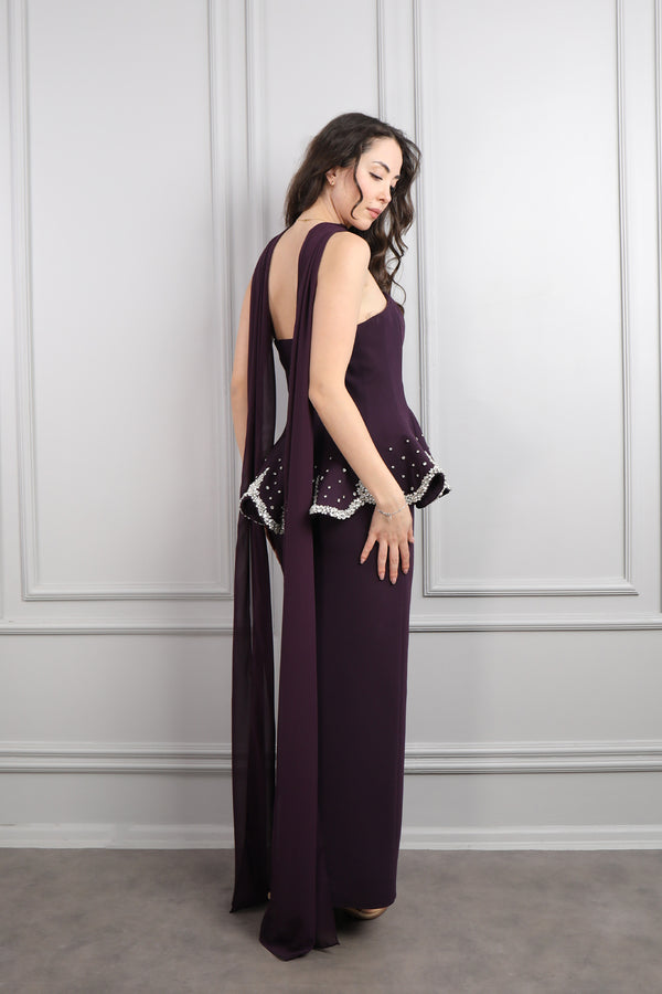 Straplez Taş İşlemeli Fular Detaylı Abiye Mor