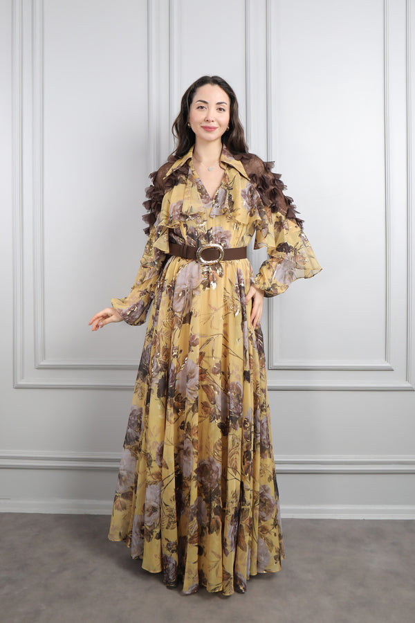 Omuzu Transparan Çiçek Detaylı Desenli Büyük Beden Şifon Elbise Sarı