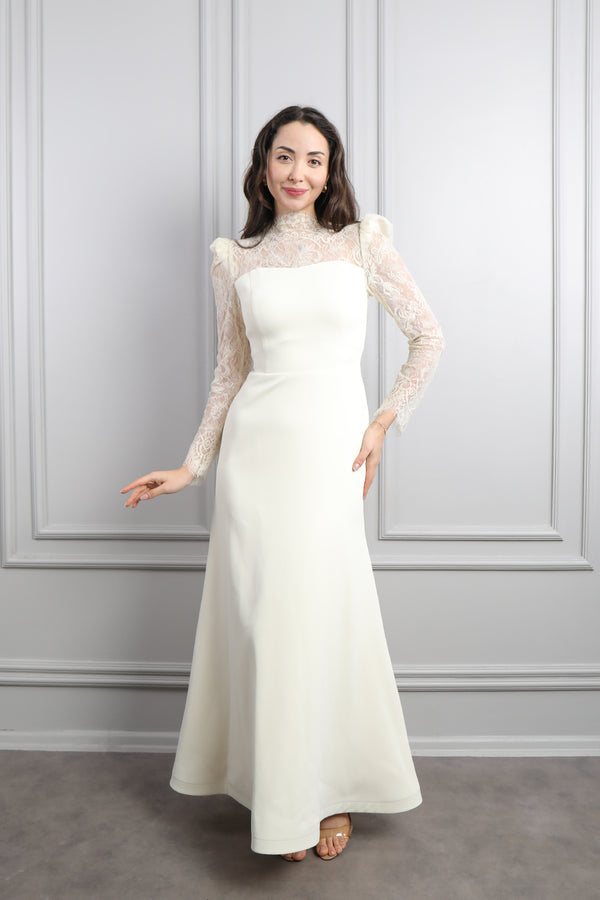 Yakası Ve Kolları Dantelli Elbise Ekru