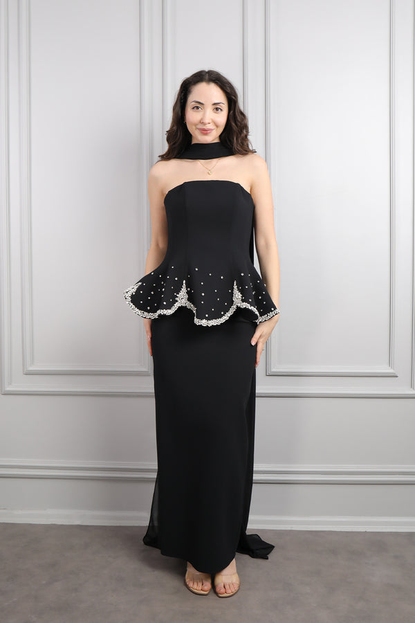 Straplez Taş İşlemeli Fular Detaylı Abiye Siyah