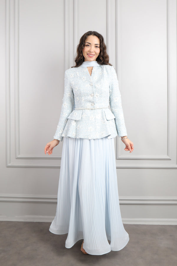 Önü Düğme Detaylı İnci Kemerli Tüvit Etek Takım Mavi