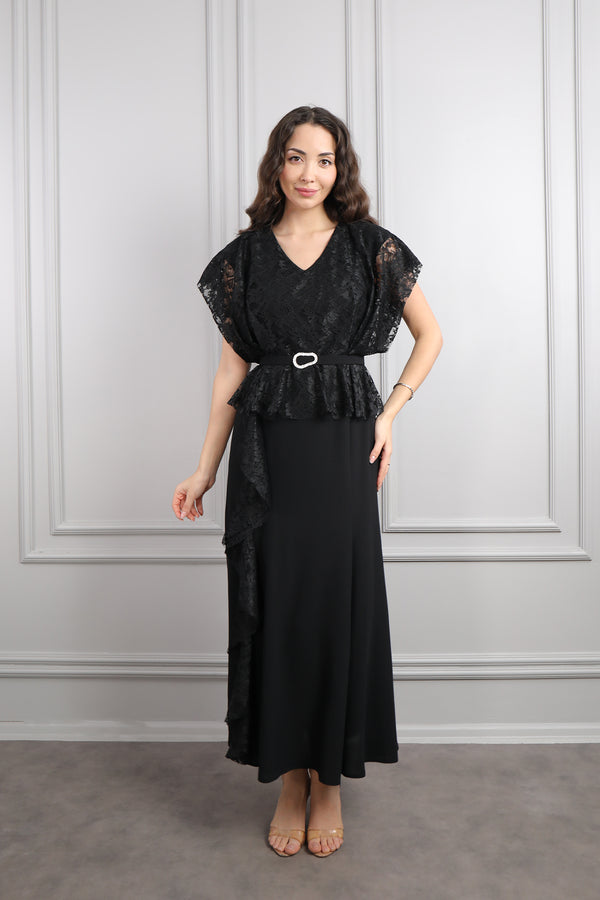 Yarasa Kol Beli Kemerli Dantel Detaylı Büyük Beden Elbise Siyah