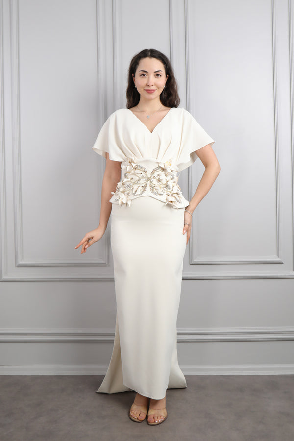 Yarasa Kol Taş İşlemeli Korsesi Pelerin Detaylı Abiye Bej