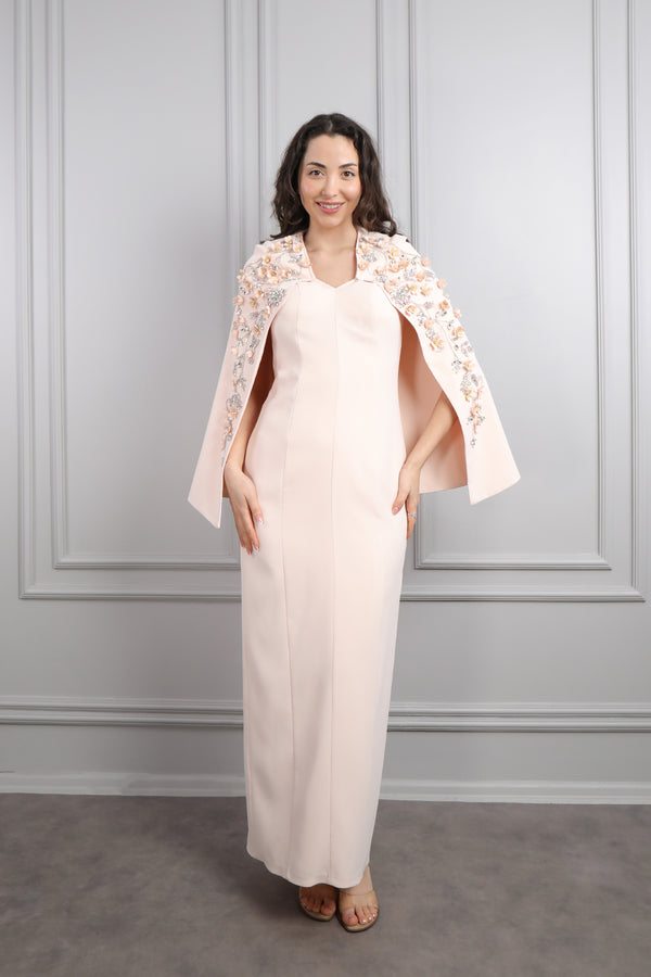 V Yaka Pelerini Taş Ve Çiçek Detaylı Büyük Beden Abiye Pembe