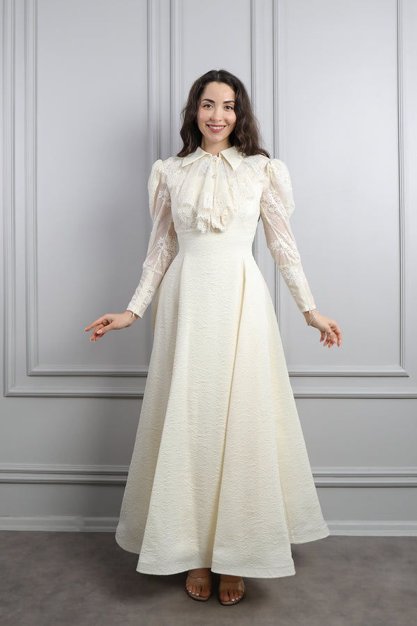 Gömlek Yaka Fırfır Detaylı Dantelli Elbise Ekru