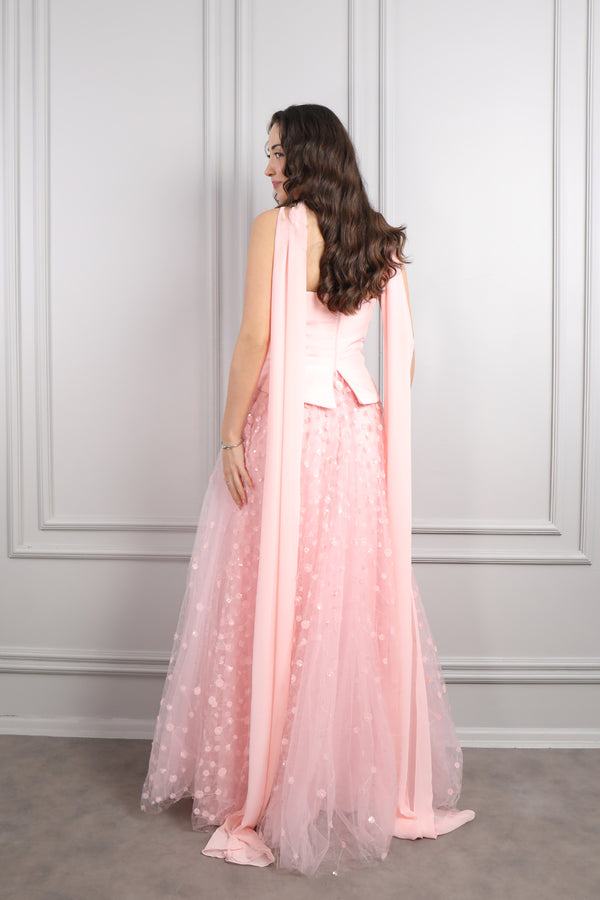 Straplez Drapeli Fular Detaylı Eteği Tüllü Abiye Pudra