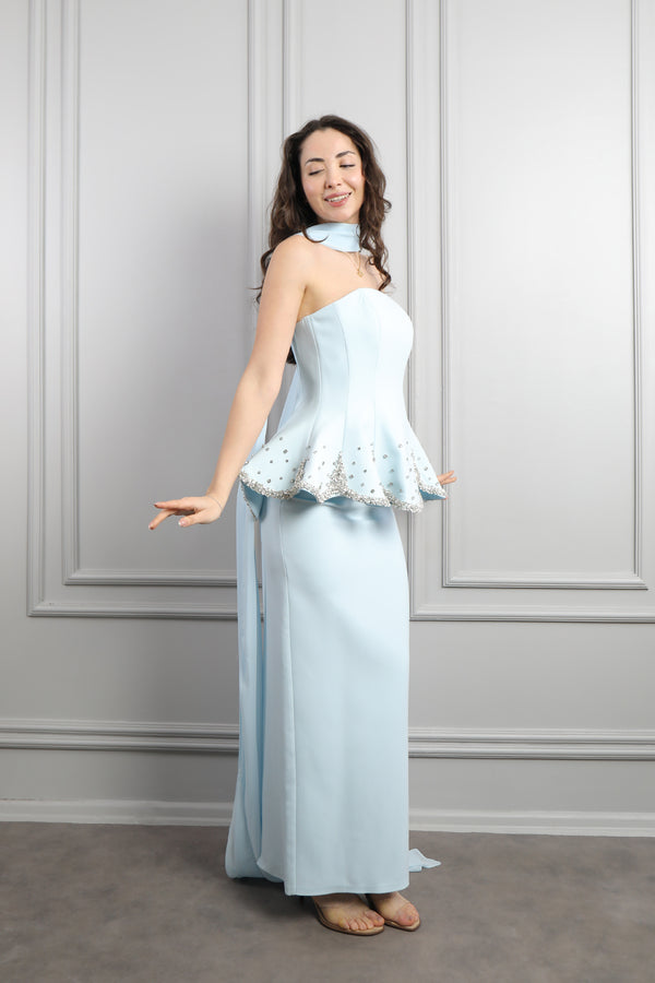 Straplez Taş İşlemeli Fular Detaylı Abiye Mavi