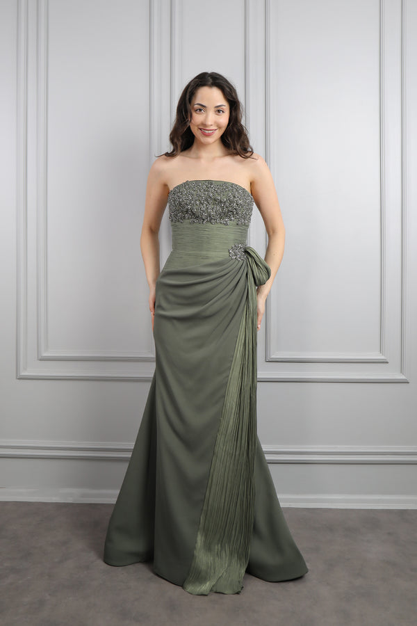 Straplez Boncuk İşlemeli Drapeli Büyük Beden Abiye Haki