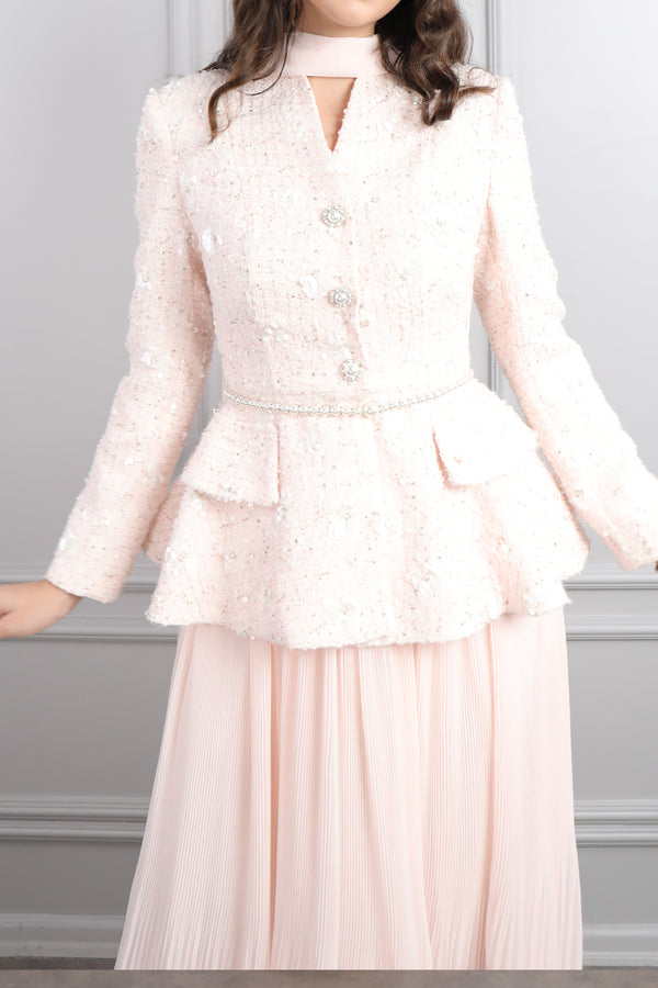 Önü Düğme Detaylı İnci Kemerli Tüvit Etek Takım Pudra