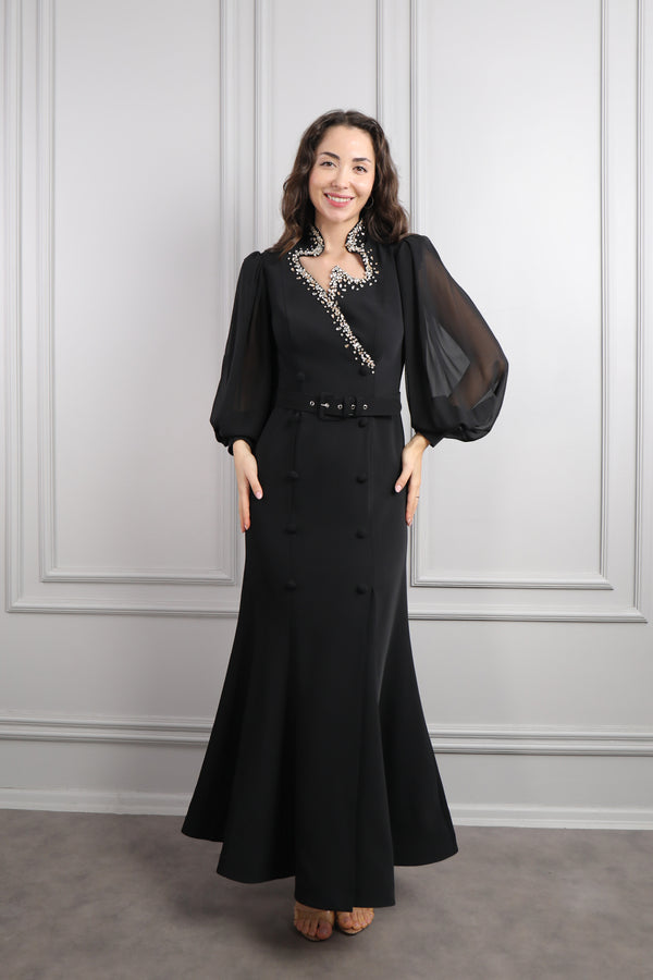 Asimetrik Yaka Beli Kemerli Taş Detaylı Elbise Siyah