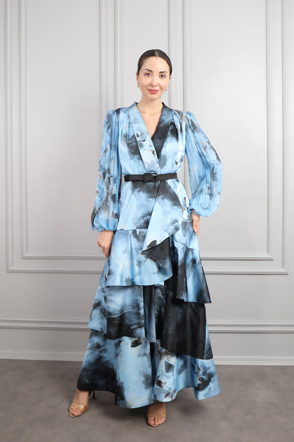 V Yaka Beli Kemerli Desenli Eteği Katlı Büyük Beden Elbise Mavi