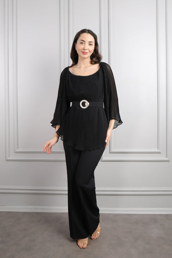 Geniş Yaka Beli Kemerli Pileli Büyük Beden Pantolon Takım Siyah