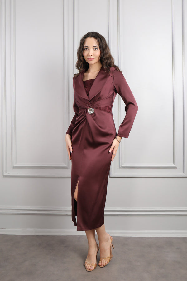 Beli Düğüm Detaylı Dantelli Midi Boy Saten Elbise Bordo