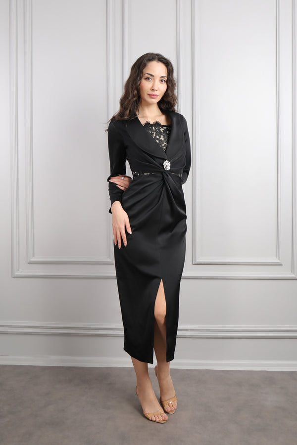 Beli Düğüm Detaylı Dantelli Midi Boy Saten Elbise Siyah