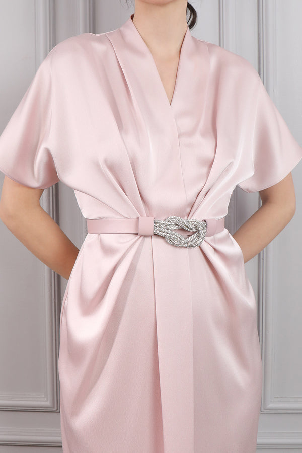 Yarasa Kol Beli Kemerli Midi Boy Saten Elbise