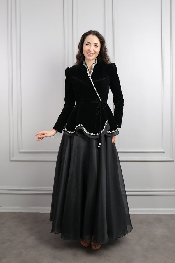 Ceketi Taş İşlemeli Kadife Etek Takım Siyah